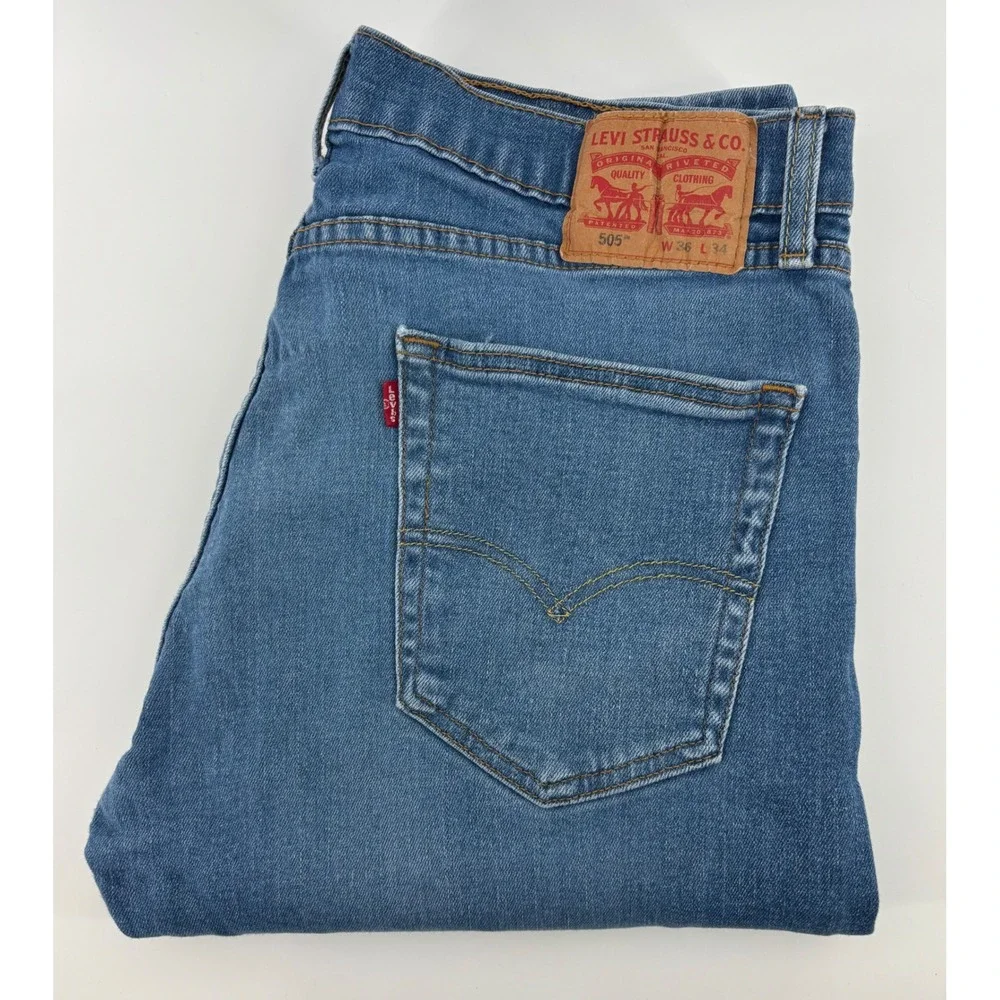 Levi's 505 Regular Fit Jeans Men 36x34 Blue Denim Stretch Medium Wash